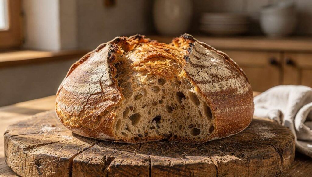 Chleb na zakwasie z polskiej mąki żytniej. Kroję go dopiero po 2 godzinach i wiem dlaczego