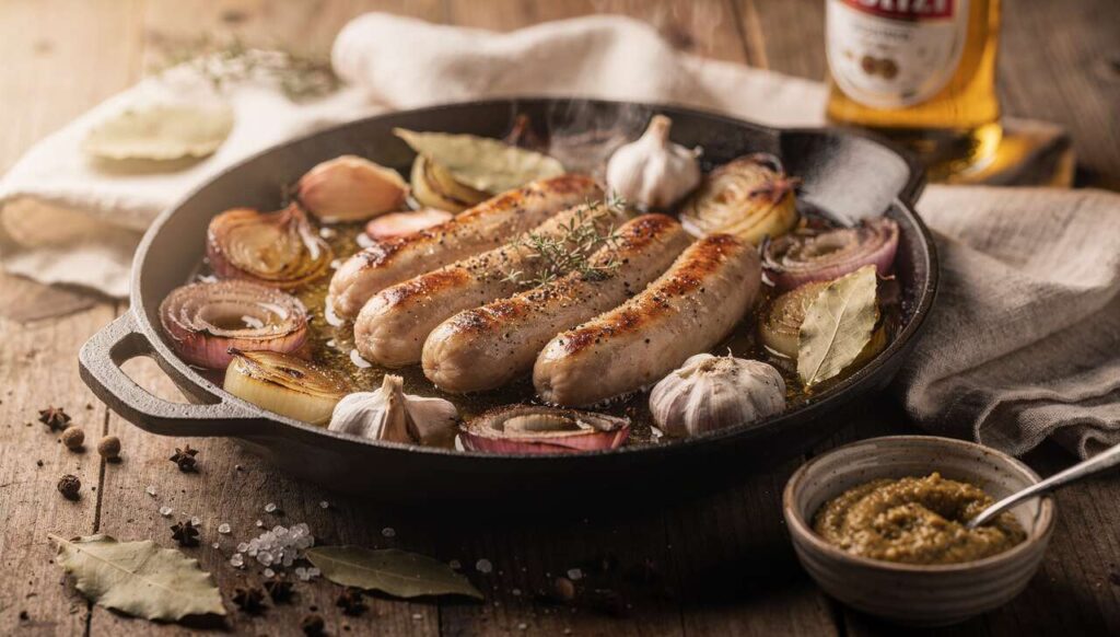 Biała kiełbasa pieczona w piwie: wkładam ją do piekarnika na 40 minut i jest idealna