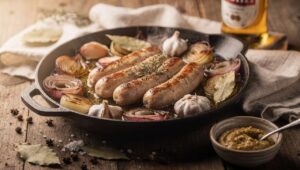 Biała kiełbasa pieczona w piwie: wkładam ją do piekarnika na 40 minut i jest idealna