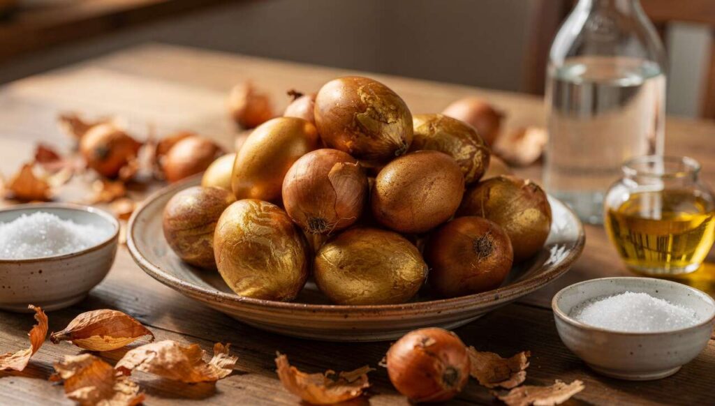 Jajka na wielkanocny stół barwię w łupinach cebuli. Wychodzą brązowo-złote bez sztucznych barwników