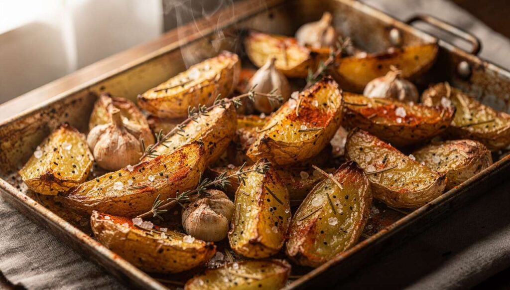 Ziemniaki piekę z czosnkiem i tymiankiem w jednej formie. Po 40 minutach mam obiad dla czterech osób